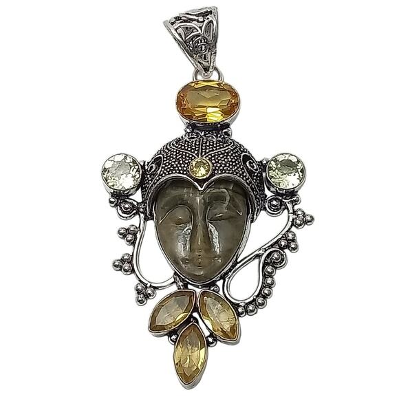 Sterling Silver Bali Goddess Pendant with Citrine and Prasiolite Gems - Picture 1 of 9